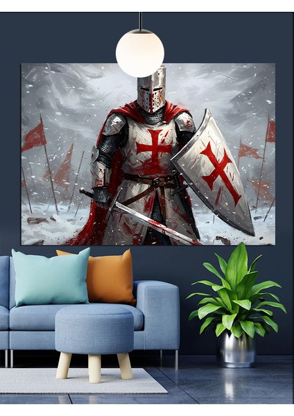 Zırhlı Kırmızı Haçlı Şövalye Dekoratif Kanvas - Mdf Ahşap Tablo indirimleri