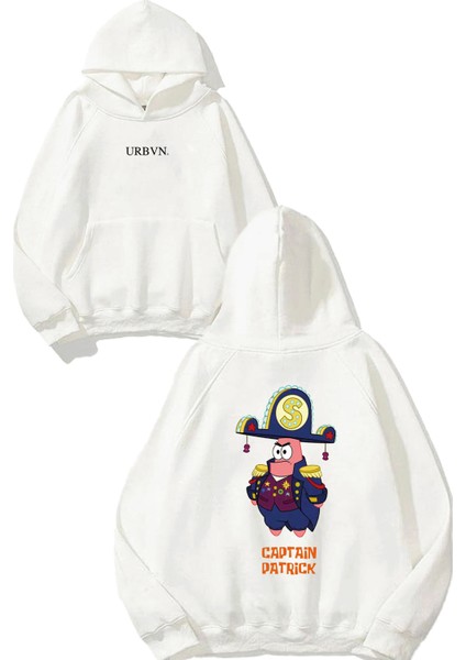 Captain Patrick Tasarım Baskılı Oversize Beyaz Kapüşonlu Sweatshirt