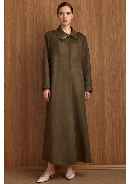 Devrik Yaka Taş Detaylı Süet Görünümlü Büyük Beden Pardesü K.haki 6795