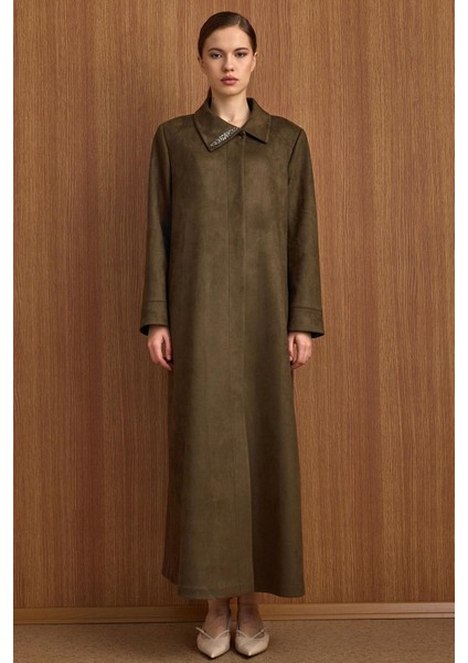 Devrik Yaka Taş Detaylı Süet Görünümlü Büyük Beden Pardesü K.haki 6795 fırsatları