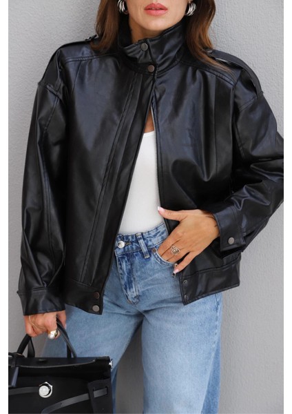 Siyah Dik Yaka Suni Deri Ceket modelleri
