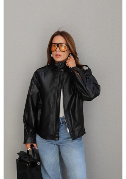 Siyah Dik Yaka Suni Deri Ceket fırsatları