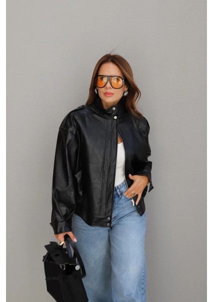 Siyah Dik Yaka Suni Deri Ceket indirimleri
