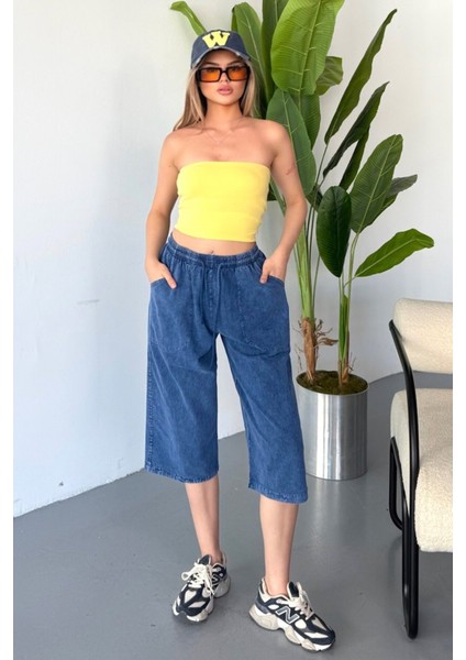 Kadın Yüksek Bel Keten Görünümlü %100 Pamuk Kapri W204-15