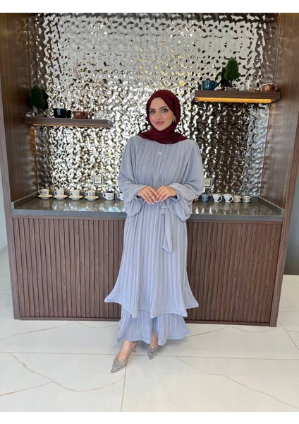 Zarif Katmanlı Kemerli Detaylı Şık Elbise ELB16074