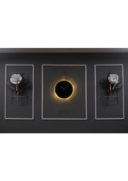 5'li Gümüş Siyah Kristal Elegante Set - Büyük Boy (50X75CM) - Modern Duvar Saati