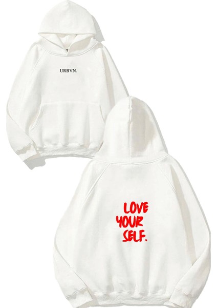 Love Yourself Tasarım Baskılı Oversize Beyaz Kapüşonlu Sweatshirt