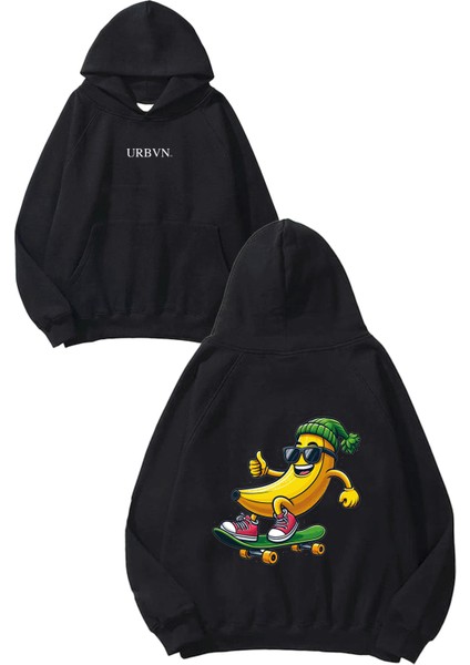 Banana Skate Tasarım Baskılı Oversize Siyah Kapüşonlu Sweatshirt