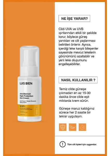 Leke Karşıtı Spf +50 Tüm Ciltler Için Yüksek Korumalı Güneş Kremi 50 ml modelleri