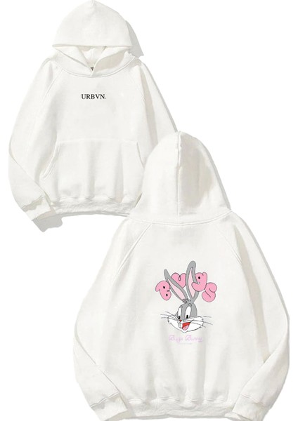 Bugs Tasarım Baskılı Oversize Beyaz Kapüşonlu Sweatshirt