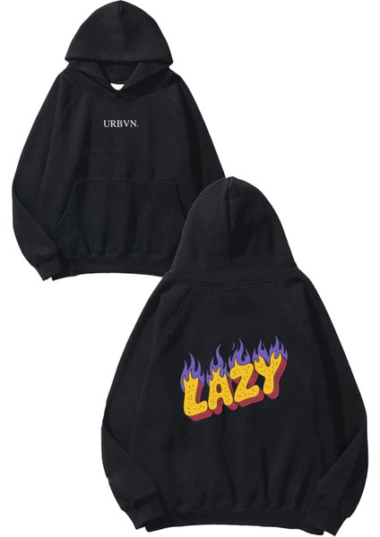 Lazy Tasarım Baskılı Oversize Siyah Kapüşonlu Sweatshirt