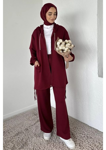 Ön Fermuarlı Kapüşonlu Tunik Bel Lastikli Pantolon Tesettür Ikili Takım P-00018943