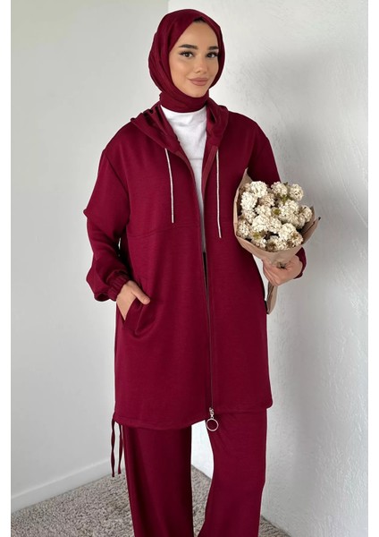 Ön Fermuarlı Kapüşonlu Tunik Bel Lastikli Pantolon Tesettür Ikili Takım P-00018943 fiyatları