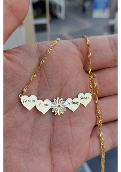 925 Ayar Gümüş 24 Ayar Altın Kaplama 4 Isimli Papatya Figürlü Kolye