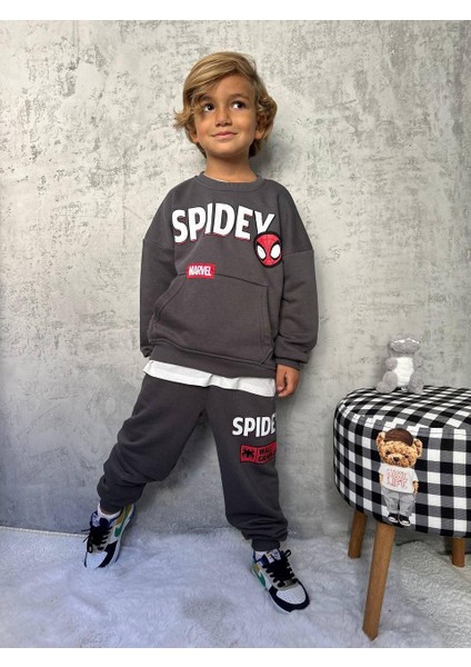 Örümcek Adam Spidey 3 Iplik Erkek Çocuk Alt Üst Takım Süper Kalite Fırçalı Kumaş Kanguru Cep Sırt Baskı Detay