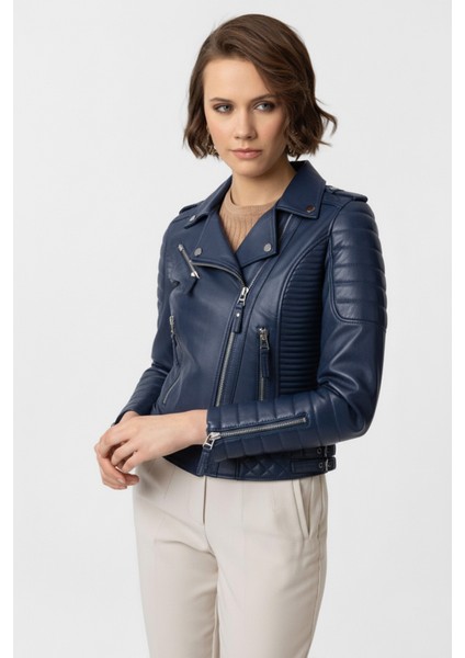 Lacivert Laney Biker Motorcu Kadın Fermuarlı Astarlı Dikişli Apoletli Kısa Hakiki Deri Ceket
