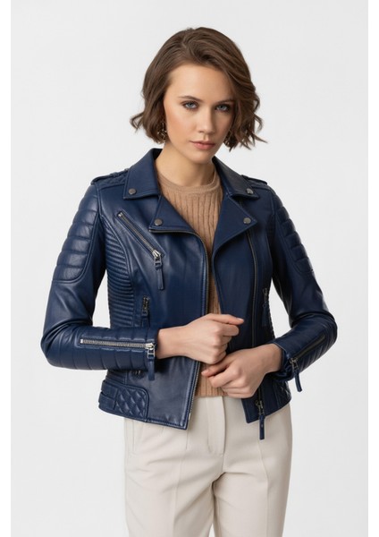 Lacivert Laney Biker Motorcu Kadın Fermuarlı Astarlı Dikişli Apoletli Kısa Hakiki Deri Ceket fiyatları