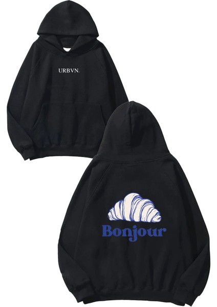 Bonjour Kruvasan Tasarım Baskılı Oversize Siyah Kapüşonlu Sweatshirt
