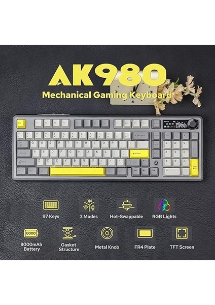 Ajazz AK980 Ekranlı Mekanik Klavye Rgb, Tam Boy Hot-Swap 3 Modlu 8000 Mah Batarya Oyun Klavyesi, Bluetooth /2.4g Kablosuz/type-C Kablolu Siyah/gift Switch indirimleri
