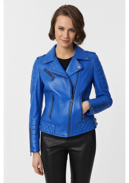 Parlament Mavi Laney Biker Motorcu Kadın Fermuarlı Astarlı Dikişli Apoletli Kısa Hakiki Deri Ceket