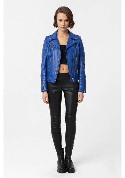 Parlament Mavi Laney Biker Motorcu Kadın Fermuarlı Astarlı Dikişli Apoletli Kısa Hakiki Deri Ceket fiyatları