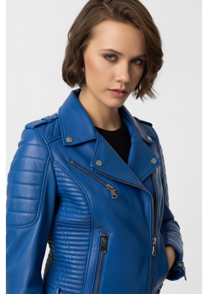 Parlament Mavi Laney Biker Motorcu Kadın Fermuarlı Astarlı Dikişli Apoletli Kısa Hakiki Deri Ceket modelleri