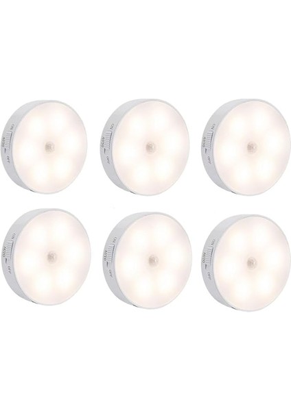 6 Adet Hareket Sensörlü 8 Ledli USB Şarjlı Beyaz LED Işık On/auto/off Modlu Dolap Içi, Koridor