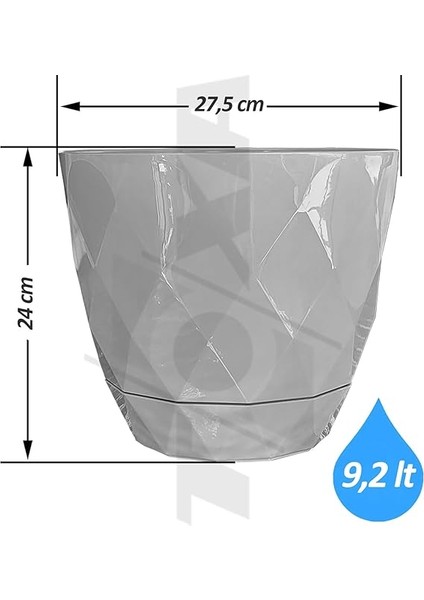 Yakamoz Prizma Saksı Drenajlı Tabaklı Plastik Çiçek Saksısı (Gri, 9.2 Lt) modelleri