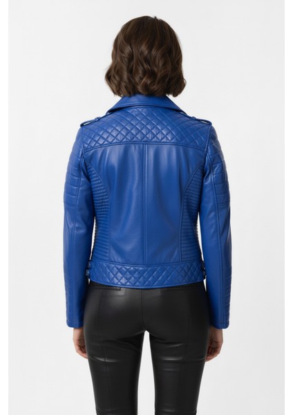 Parlament Mavi Laney Biker Motorcu Kadın Fermuarlı Astarlı Dikişli Apoletli Kısa Hakiki Deri Ceket fırsatları
