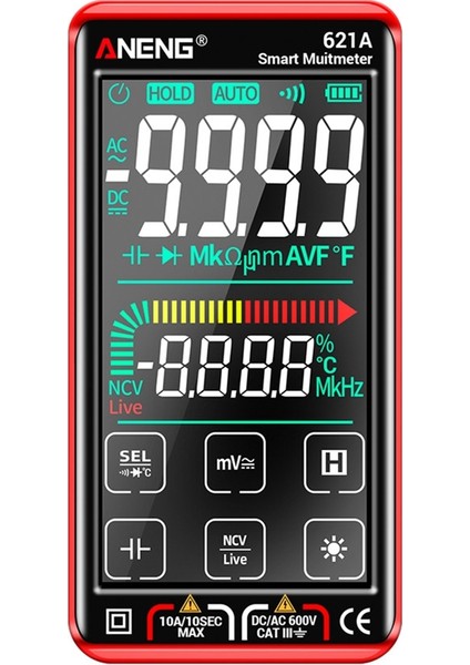 Aneng 621A Dokunmatik Ekran Akıllı Dijital Multimetre 9999 Sayım Otomatik Aralık Şarj Edilebilir Ncv Evrensel Ölçer Ammeter (Kırmızı) (Yurt Dışından)