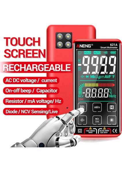 Aneng 621A Dokunmatik Ekran Akıllı Dijital Multimetre 9999 Sayım Otomatik Aralık Şarj Edilebilir Ncv Evrensel Ölçer Ammeter (Kırmızı) (Yurt Dışından) fiyatları