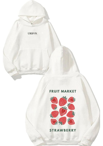 Fruit Market Tasarım Baskılı Oversize Beyaz Kapüşonlu Sweatshirt