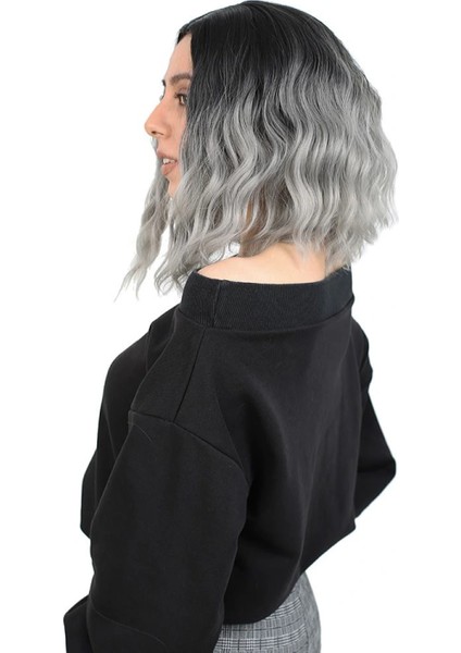 Fiber Sentetik Kısa Dalgalı Perçemsiz Peruk - Siyah / Gri Ombreli modelleri