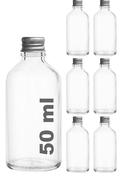 50 cc Gümüş Metal Kapaklı Hediyelik Shot Şişesi 50 ml Kolonya Koku Süs Küçük Şeffaf Cam Şişe 6 Adet