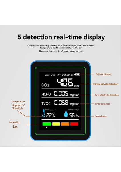 5 Arada 1 Hava Kalitesi Monitörü Tvoc Hcho Sıcaklık Nemi Co2 Metre USB Şarj Edilebilir Co2 Dedektörü Beyaz (Yurt Dışından)