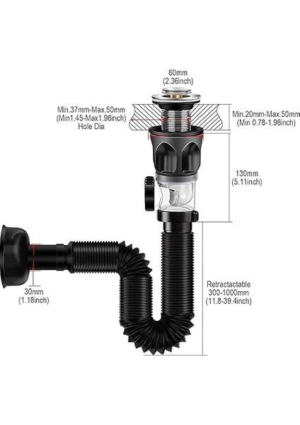 Borusu Seti, Lavabo Gideri, Sifon, Koku Geçirmez Lavabo Gider Seti Seti, Esnek Tahliye Hortumu ve Pop-Up Filtreli, Gider Tapası, 300 – 1000 mm Genişletilebilir modelleri