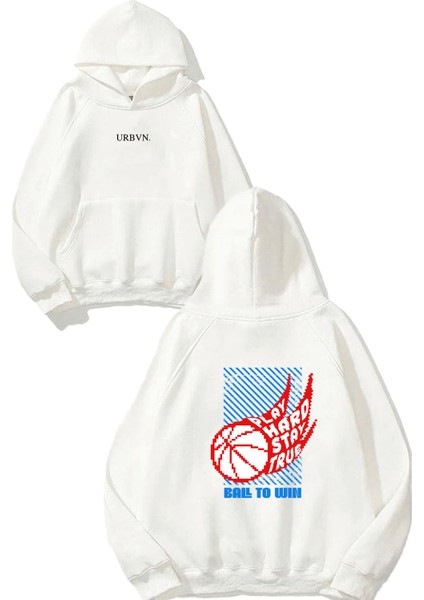 Play Hard 1 Tasarım Baskılı Oversize Beyaz Kapüşonlu Sweatshirt