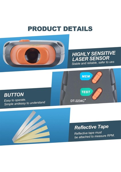 Dijital Lazer-Foto Taşometre Kontakt Olmayan Rpm Tach 2 5rpm Ila 99999 Rpm ile Temassız Lazer-Foto Sensörü (Yurt Dışından) modelleri