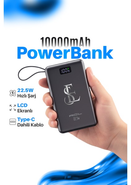 10000MAH 22.5W Süper Hızlı Şarj Powerbank - LCD Ekranlı, Type-C Dahili Kablo, 3 Cihaz Şarj Dest