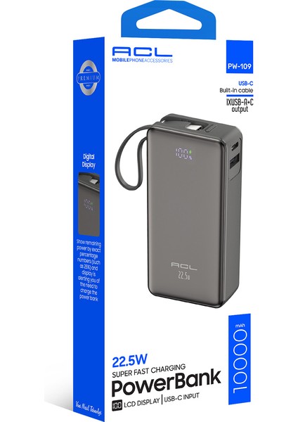 10000MAH 22.5W Süper Hızlı Şarj Powerbank - LCD Ekranlı, Type-C Dahili Kablo, 3 Cihaz Şarj Dest fiyatları