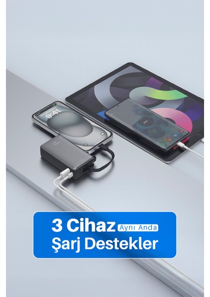 10000MAH 22.5W Süper Hızlı Şarj Powerbank - LCD Ekranlı, Type-C Dahili Kablo, 3 Cihaz Şarj Dest modelleri