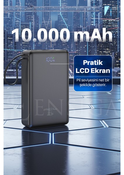 10000MAH 22.5W Süper Hızlı Şarj Powerbank - LCD Ekranlı, Type-C Dahili Kablo, 3 Cihaz Şarj Dest