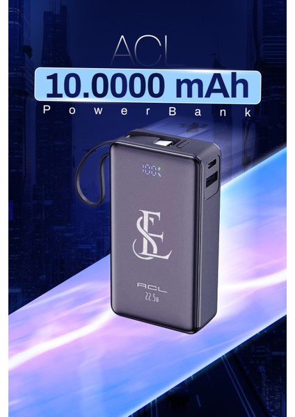 10000MAH 22.5W Süper Hızlı Şarj Powerbank - LCD Ekranlı, Type-C Dahili Kablo, 3 Cihaz Şarj Dest