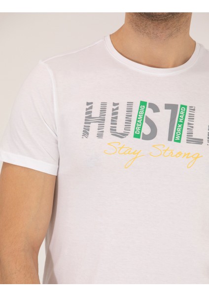 Erkek Beyaz Slim Fit Baskılı Bisiklet Yaka Tişört 50262662-VR013