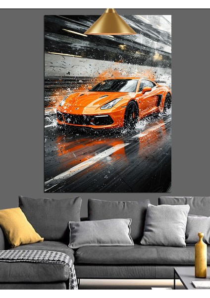 Turuncu Spor Araba Hızla Gidiyor Dekoratif Kanvas - Mdf Ahşap Tablo