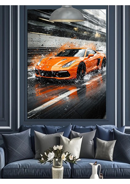 Turuncu Spor Araba Hızla Gidiyor Dekoratif Kanvas - Mdf Ahşap Tablo fiyatları