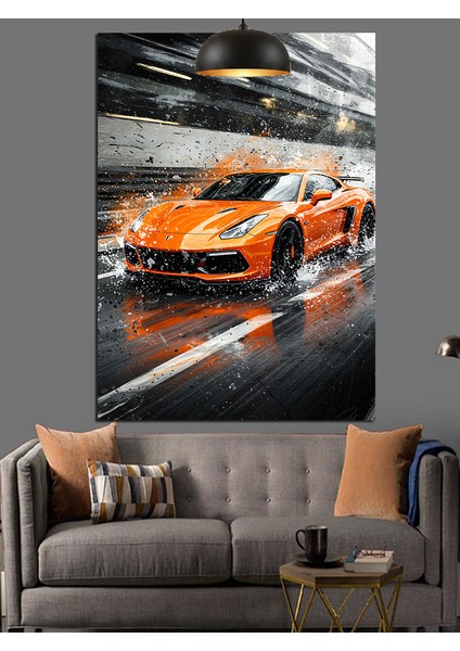 Turuncu Spor Araba Hızla Gidiyor Dekoratif Kanvas - Mdf Ahşap Tablo modelleri