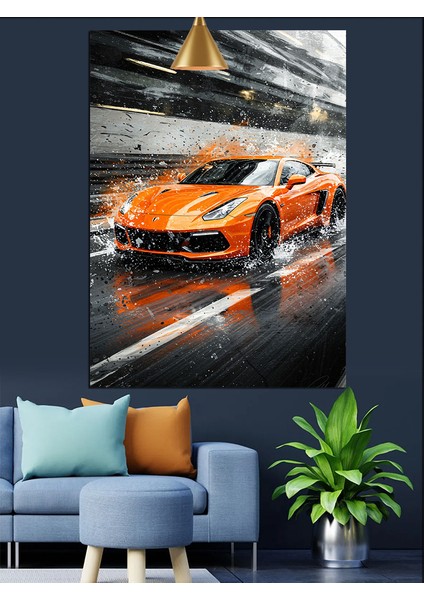 Turuncu Spor Araba Hızla Gidiyor Dekoratif Kanvas - Mdf Ahşap Tablo fırsatları