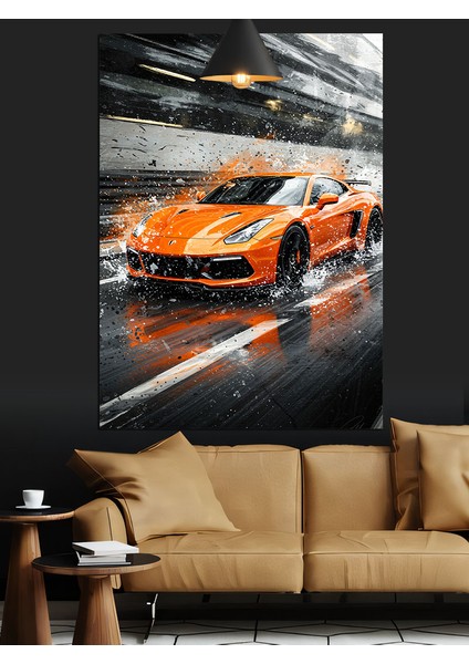 Turuncu Spor Araba Hızla Gidiyor Dekoratif Kanvas - Mdf Ahşap Tablo indirimleri