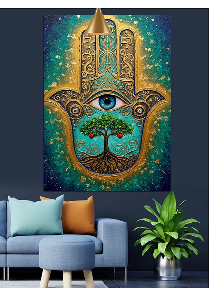 Kötü Gözden Koruyan Hamsa Eli Figürü Dekoratif Kanvas - Mdf Ahşap Tablo